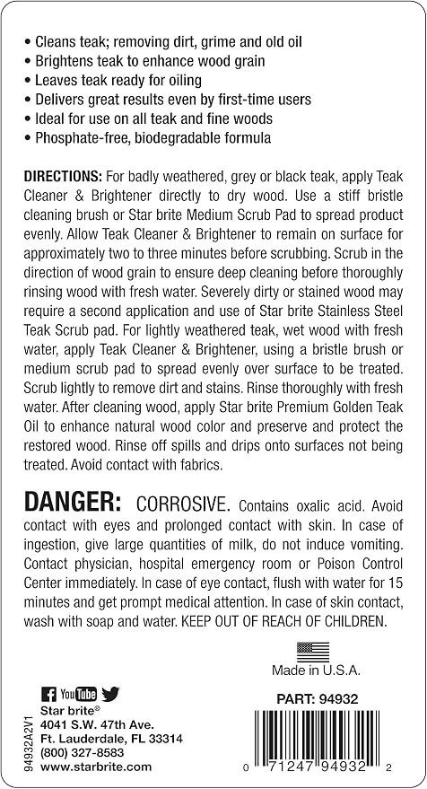 STAR BRITE Premium Golden Teak Oil - Sealer, Preserver & Finish for Outdoor Teak & Other Fine Woods - Step 3-1 GAL (085100) & One Step Teak Cleaner & Brightener - 32 OZ (094932), White