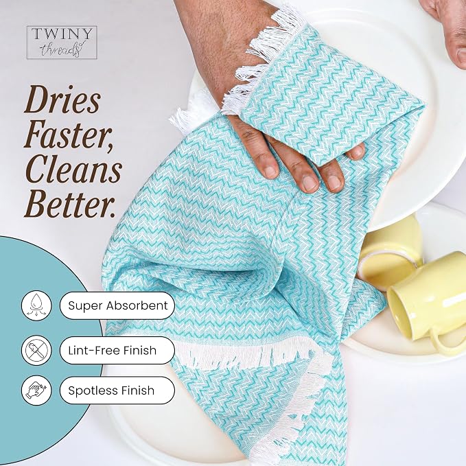 TWINY threads Dish Towel Chevron Weave, 12 Pack, Premium 100% Cotton Kitchen Linen Set, Large Dish Rags and Wash Rags, Absorbent Quick Drying, Machine Washable Dishcloth Set, 16"x26", Aqua Blue