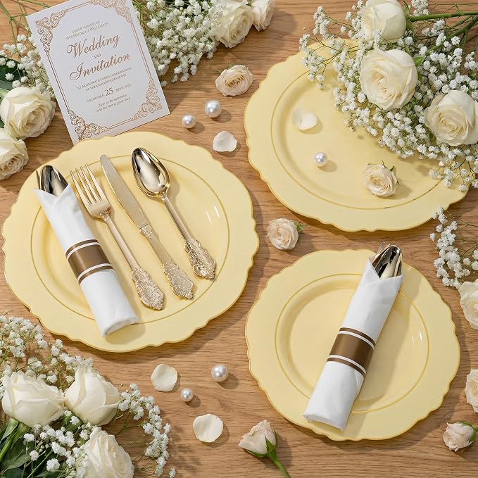 Liacere 350PCS Yellow Plates - Yellow Disposable Plastic Plates With Gold Rim-50Guest Plastic Dinnerware include 100 Plates,50 Pack Pre Rolled Napkins with Silverware 50Cups for Wedding＆Party