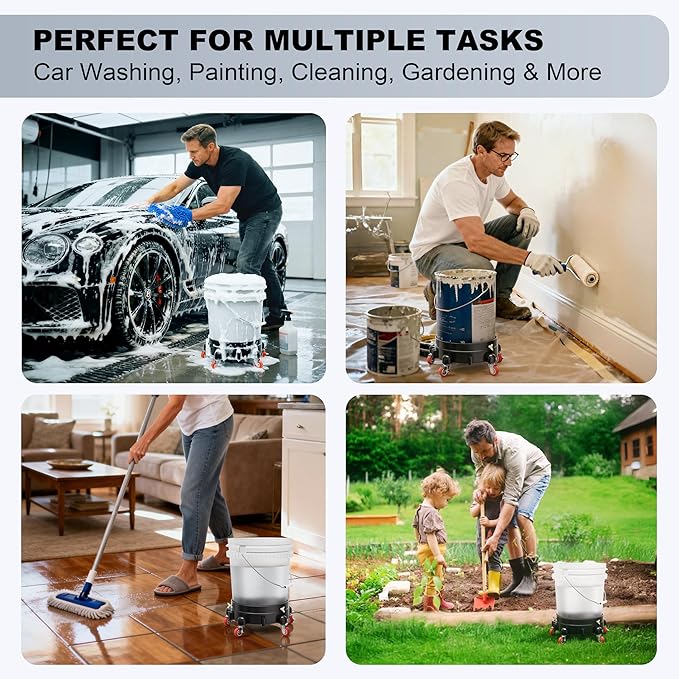 Heavy Duty 5 Gallon Bucket Dolly with 5 Swivel Casters, Anti-Tipping Rolling Water Bucket Stand for Car Detailing & Washing, 310 lbs Capacity, Includes Premium Microfiber Wash Mitt, Black