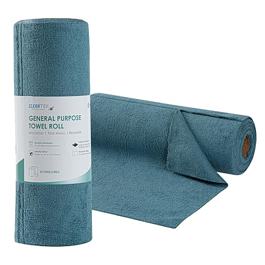 Restaurantware-Clean Tek Professional 11.8 x 11.8 Inch Microfiber Towel Rolls, 30 Reusable Towel Rolls - 30 Tear Away Sheets Per Roll, Perforated, Teal Microfiber Cloth, For All The Cleaning Tasks