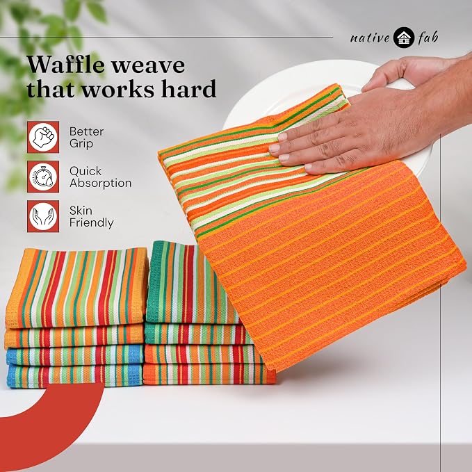 Native Fab Mexican Salsa Stripe Dish Towels, 8 Pack, 18x28, Super Absorbent, 100% Cotton Kitchen Towels for Drying, Reusable and Durable Washable Towels for Everyday Cooking and Cleaning, Orange
