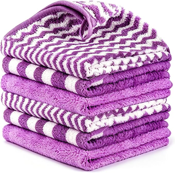 Microfiber Cleaning Cloth 6 Pack, Ultra Soft Super Absorbent Lint Free Dish Towels with Hanging Loop, 13.5x29 Inch Purple Reusable Kitchen Towels for Kitchen, Window, Car, Household