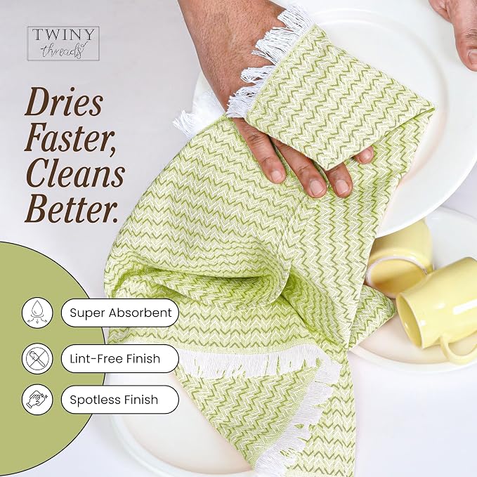 TWINY threads Kitchen Towel Chevron Weave, 12 Pack, Premium Large 100% Cotton Kitchen Linen Set, Absorbent Quick Drying Dish Rags for Drying Dishes, Multi Purpose Washable Towel, 16"x26", Lemon Green