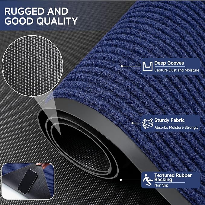 100pointONE Front Door Mat, Heavy Duty Indoor Outdoor Doormat, 72" x 24" Low Profile Outdoor Mats for Home Entrance, Stain and Fade Resistant Shoe Scraper Mat, Ideal for High Traffic Area, Blue