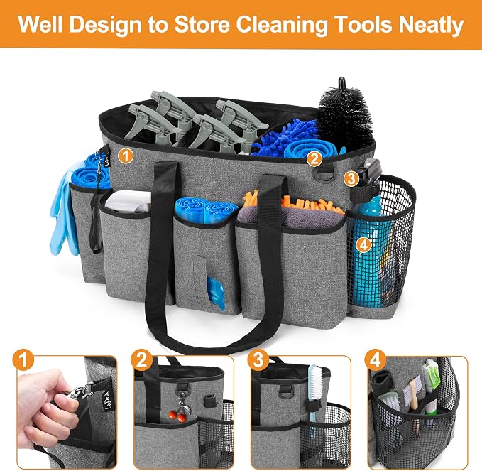 LoDrid Professional Cleaning Tote Caddy for Cleaning Supplies, Cleaning Bag Organizer with Dividers and Handle Strap for Housekeepers Work, Gray, (Bag Only)