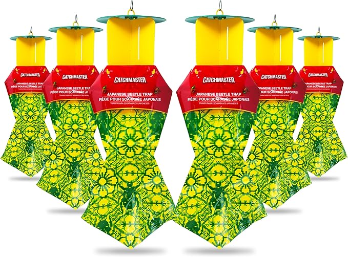 Catchmaster Japanese Beetle Traps Outdoor 6PK, Flying Insect Trap Bag with Lid & Dual Pheromone Food Lure, Hanging Bug Catcher Pest Control for Backyard & Garden, Plants, Trees, Vegetables & Flowers