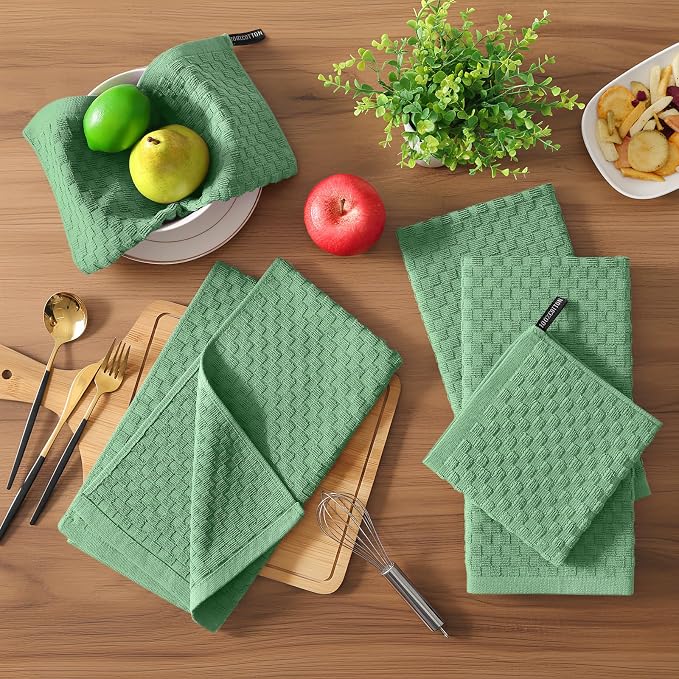 Homaxy 100% Cotton Terry Kitchen Towels(15" x 25", 8 Pack), Soft and Super Absorbent Dish Towels, 380 GSM Reusable Tea Towel with Hanging Loop, Pineapple Grid Designed, Grass Green
