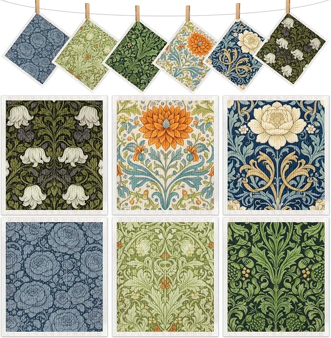 Mifoci 12 Pcs William Morris Swedish Kitchen Dishcloths 7 x 8 Inch Reusable Vintage Floral Dish Towels Absorbent Cotton Cleaning Cloths for Kitchen Cleaning Wipes Housewarming