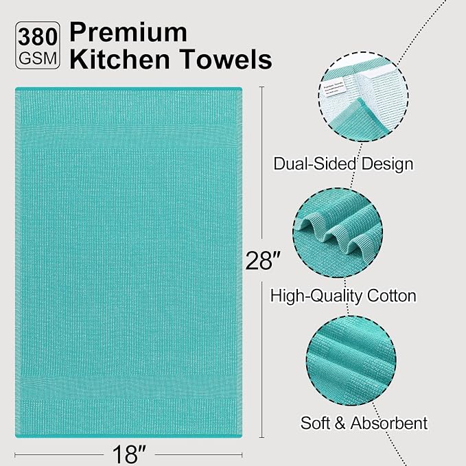 Mordimy Premium Kitchen Towels 8 Pack (18 x 28 Inches, Teal), Large Cotton Kitchen Hand Towel, Flat & Terry Dish Towels for Drying Dishes, Super Absorbent Tea Dishtowels Set with Hanging Loop