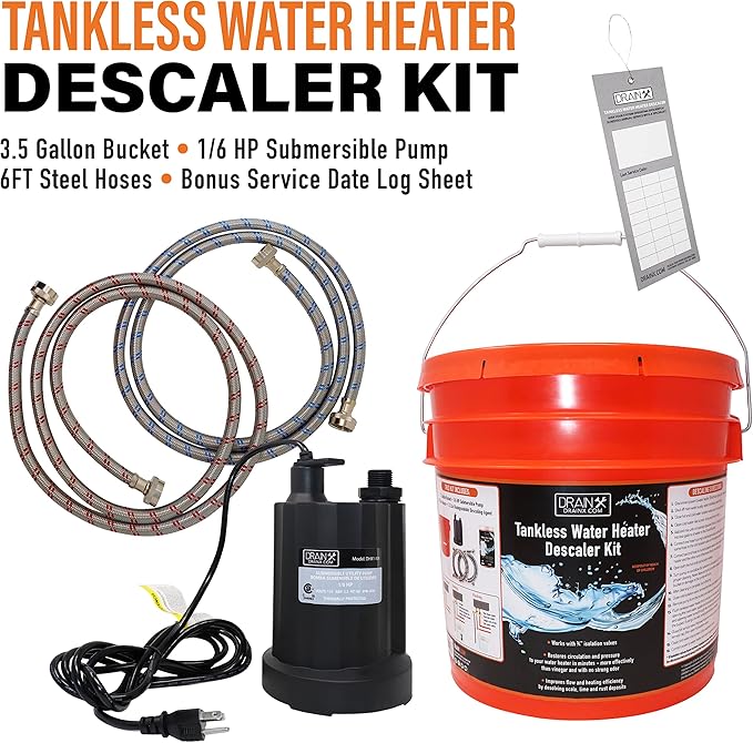DrainX Tankless Water Heater Descaling Flush Kit - 3.5 Gallon Bucket, Heavy Duty 1/6 HP Pump, Steel Hoses, Maintenance Card, Instructions - Just add Vinegar or Descaler!