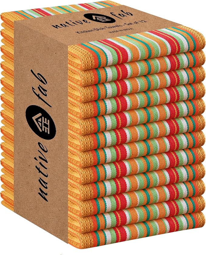 Native Fab Mexican Salsa Stripe Kitchen Towels, 12 Pack, 18x28 Inches, 100% Cotton, Soft, Super Absorbent Dish Towels for Drying Dishes, Everyday Kitchen Use, Reusable, Washable, Mustard Yellow