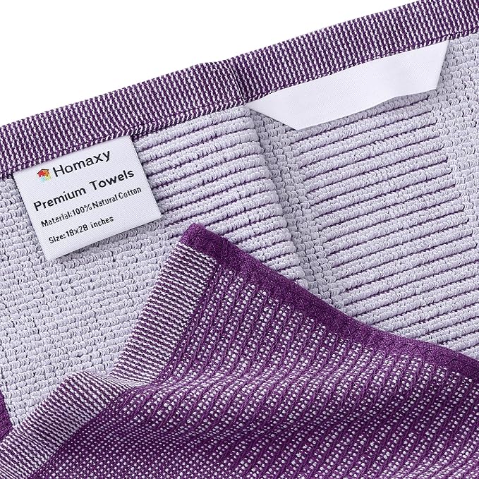 Homaxy Premium Kitchen Towels(18”x 28”, 3 Pack), Large Cotton Kitchen Hand Towels, Flat and Terry Dish Towels, 380 GSM Highly Absorbent Tea Towel Set with Hanging Loop, Purple