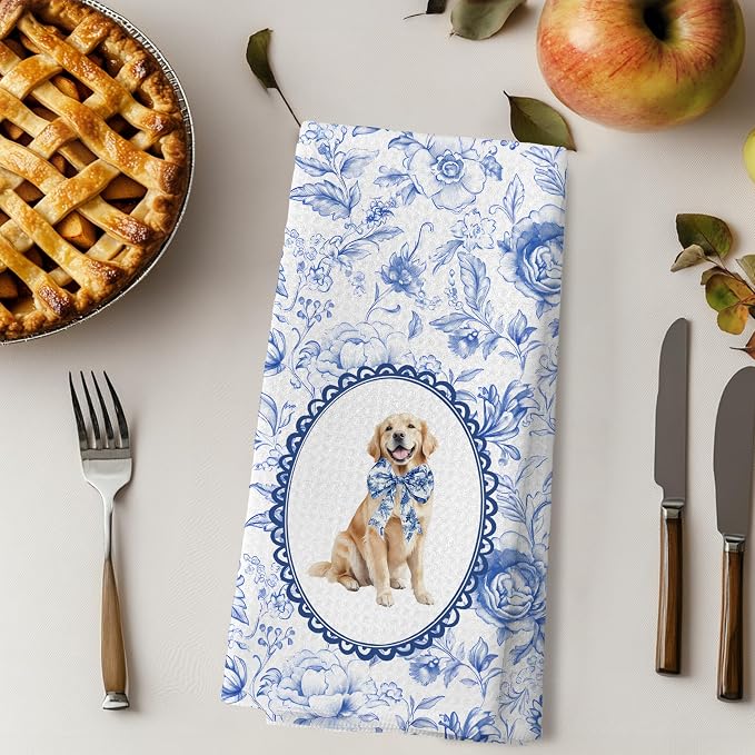 Chinoiserie Golden Retriever Gifts Kitchen Towels, Blue and White Floral Golden Retriever Decorative Dish Towels, Grandmillennial Botanical Dog Hand Towels for Kitchen Bathroom, 16x24 Inch