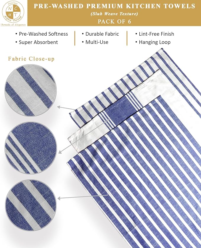 Pack of 6 Cotton Kitchen Towels Set, Dish Towels, Cleaning Rags, Kitchen Dish Cloths for Washing Dishes, Cotton Cleaning Cloths, Ultra Soft, Lightweight & Quick Dry, Slub Weave, 28" x 18", Denim Blue