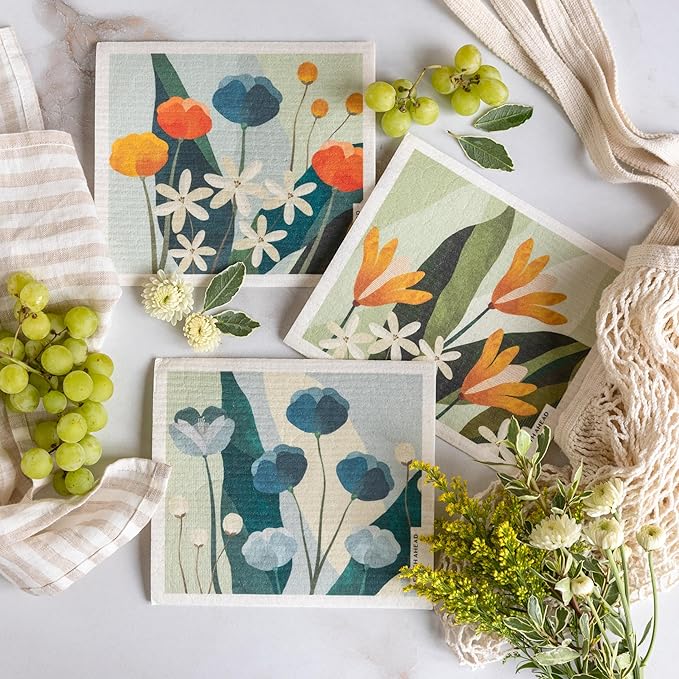 Swedish Dishcloths – Classic Botanical Floral Designs – Reusable Compostable Cellulose Sponge Cloth – Eco-Friendly Paper Towel Alternative 3 Pack