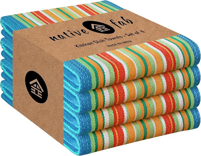 Native Fab Mexican Salsa Stripe Dish Towels, 4 Pack, 18x28, Super Absorbent, 100% Cotton Kitchen Towels for Drying, Reusable, Washable Towels for Everyday Cooking and Cleaning, Turquiose Blue