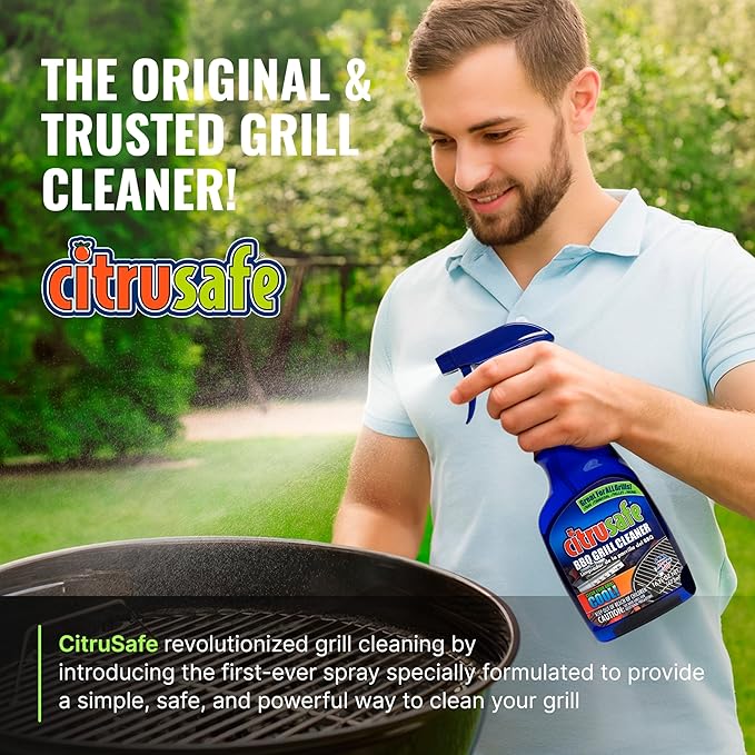 CitruSafe Grill Cleaning Kit - BBQ Grill Cleaner (16oz) and BBQ Grill Scrubber with 3 Heavy Duty Replaceable Scrubber Pads - Formulated to Safely Clean Burnt Food and Grease Off of Grill Surfaces
