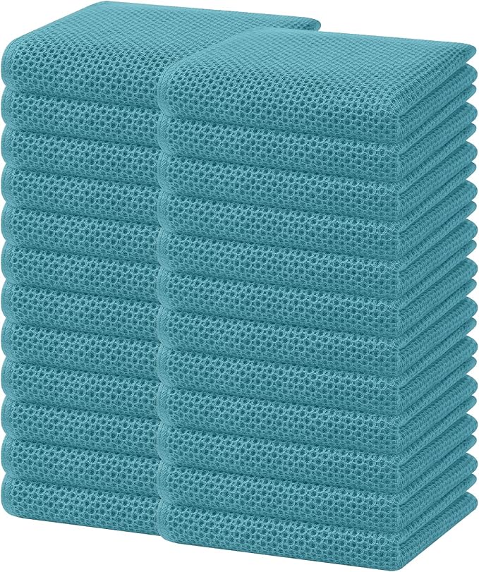 Homaxy 100% Cotton Waffle Weave Kitchen Dish Towels, Ultra Soft Absorbent Quick Drying Cleaning Towel, 13 x 28 Inches, 24-Pack, Lake Blue