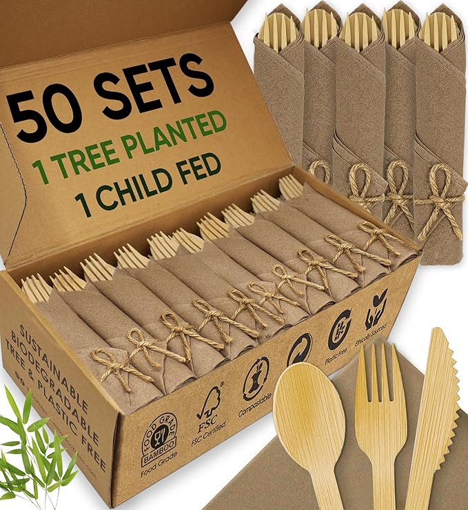EcoPreps Premium Pre Rolled Brown Paper Napkin and Bamboo Cutlery Set (50 Pack, 200 PCS) 100% Biodegradable, Disposable Wrapped Disposable Silverware Cutlery - Pre-Wrapped Bamboo Forks, Knives, Spoons