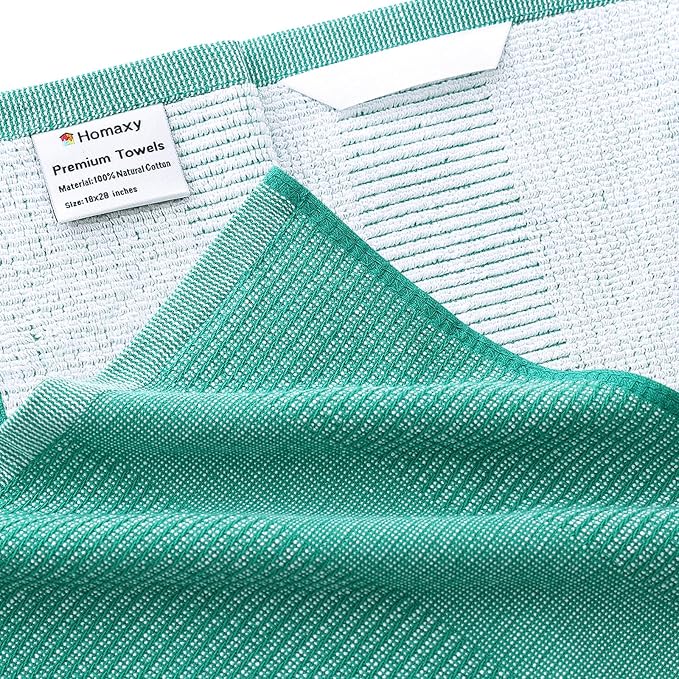 Homaxy Premium Kitchen Towels(18”x 28”, 6 Pack), Large Cotton Kitchen Hand Towels, Flat and Terry Dish Towels, 380 GSM Highly Absorbent Tea Towel Set with Hanging Loop, Green