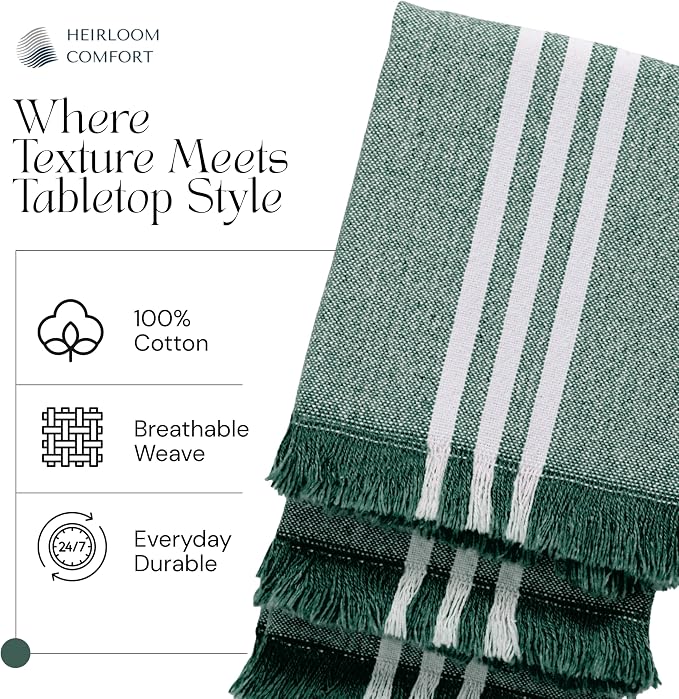 Monochrome Stripe Kitchen Towels 12 Pack, 16x26 Inch, 100% Cotton, Super Absorbent & Quick Dry, Durable, Fringed Dish Towel for Drying Dishes, Washable, Everyday Use, Forest Green