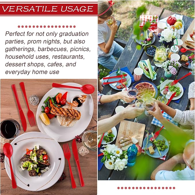 Kochorie 300 Pieces Graduation Red Plastic Silverware Heavy Duty Plastic Cutlery Set Heavyweight Disposable Flatware Includes Spoons Forks Knives for Party Prom Night Wedding Dinner