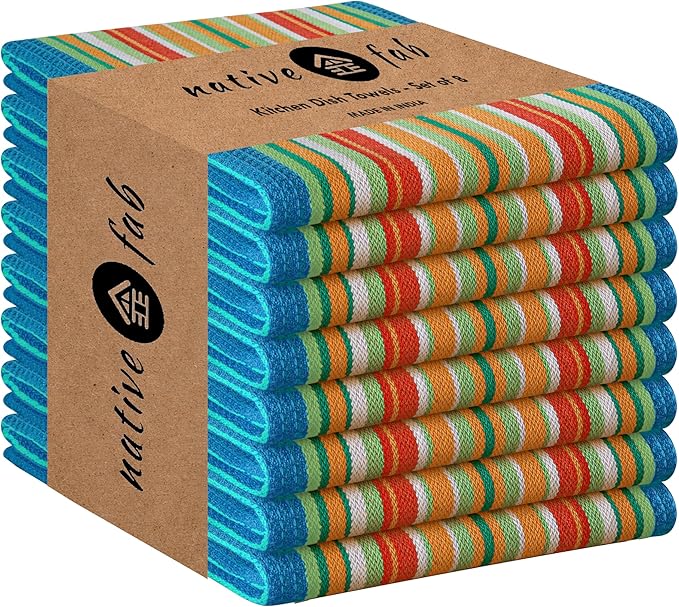 Native Fab Mexican Salsa Stripe Dish Towels, 8 Pack, 18x28, Super Absorbent, 100% Cotton Kitchen Towels for Drying, Reusable, Washable Towels for Everyday Cooking and Cleaning, Turquiose Blue