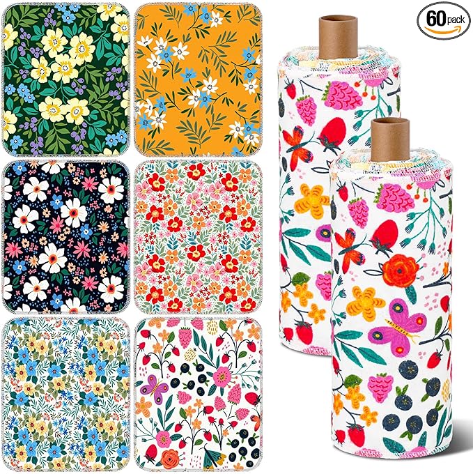Redbaker 60 Pcs Flower Reusable Paper Towels Rolls Washable Paperless Paper Towels Bulk Cloth Cotton Napkin with Cardboard Reusable Napkins for Kitchen Dishes Bathroom Home Table