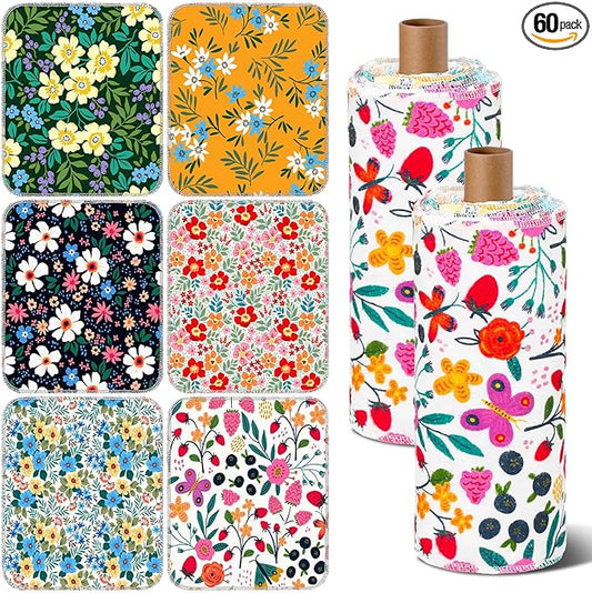 Redbaker 60 Pcs Flower Reusable Paper Towels Rolls Washable Paperless Paper Towels Bulk Cloth Cotton Napkin with Cardboard Reusable Napkins for Kitchen Dishes Bathroom Home Table