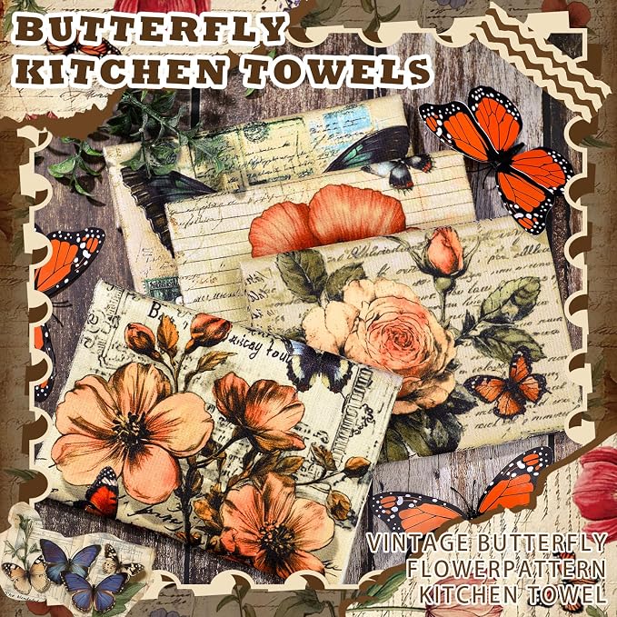 Bencailor 16 Pcs Summer Kitchen Towels Floral Butterfly Hand Dish Towels Vintage Flower Tea Dishcloths for Summer Holiday Kitchen Bathroom Home Decor Gifts, 16 x 24 Inch
