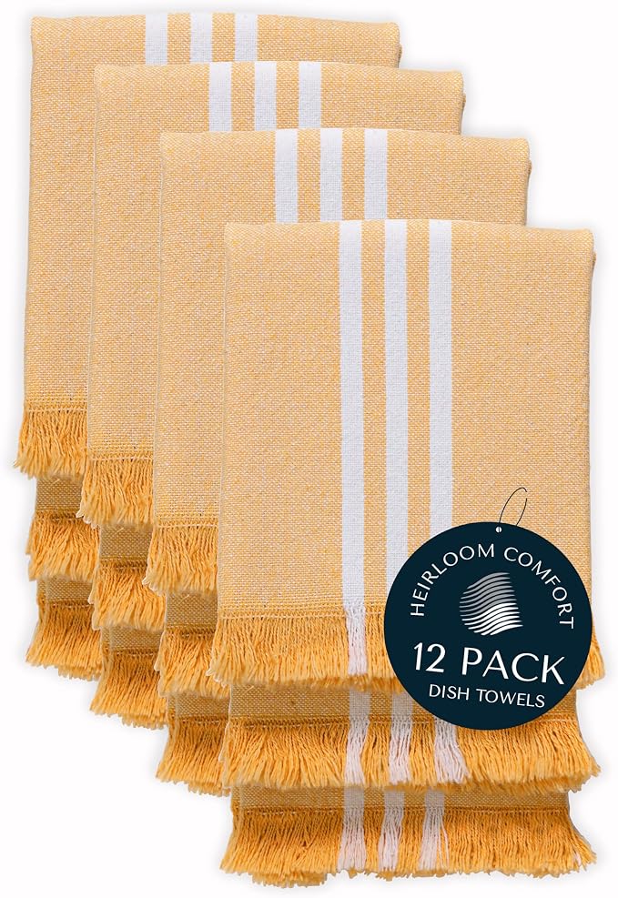 12 Pack Monochrome Stripe Dish Towels with Fringes, 16x26 Inch, 100% Cotton, Ultra Absorbent & Reusable, Quick Drying Kitchen Towels for Cleaning, Cooking, Drying, Mustard Yellow