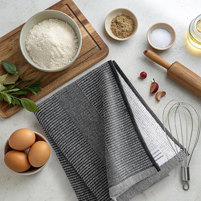 Mordimy Premium Kitchen Towels 6 Pack (18 x 28 Inches, Grey/Khaki/Black), Large Cotton Flat & Terry Kitchen Hand Towel, Super Absorbent Tea Dishtowels Set with Hanging Loop