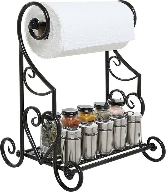 MyGift Gothic Paper Towel Holder Heart Scroll Metal Paper Towel Holder Stand with Slatted Condiment Shelf Rack, Black Decorative Kitchen Decor Accessories