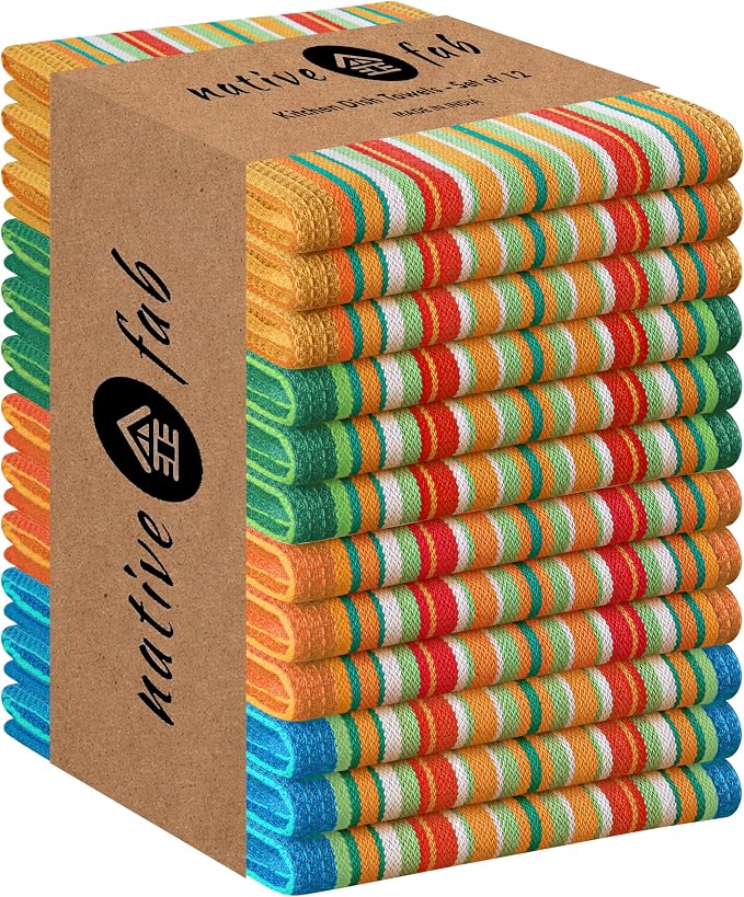 Native Fab 12 Pack Mexican Salsa Stripe Kitchen Towels, 18x28 Inches, Colorful Dishcloth Set, 100% Cotton, Everyday Use, Kitchen Hand Towel for Cleaning, Absorbent, Washable Drying Towels, Assorted