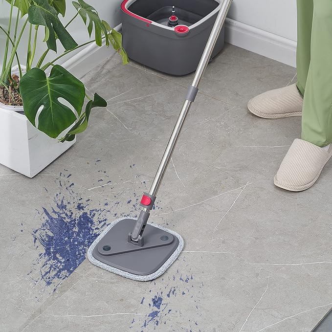 Spin Mop and Bucket with Separate Compartments for Clean and Dirty Water NEW 2025 Upgraded w/Side Brush, Self Standing Handle, Silicone Sweeper Mop Head, 2 Machine Washable Microfiber Pads