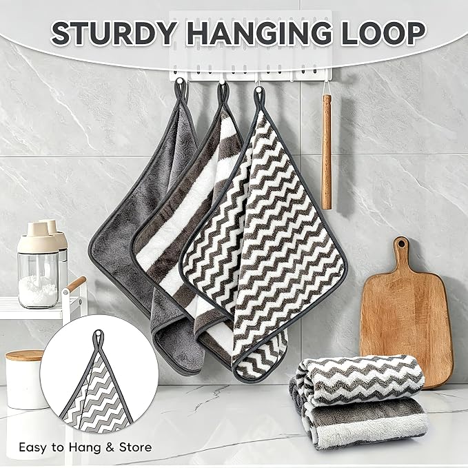Microfiber Cleaning Cloth 6 Pack, Ultra Soft Absorbent Lint Free Reusable Kitchen Towels with Hanging Loop, 12x12 Inch Gray Dish Towels for Kitchen, Car & Household