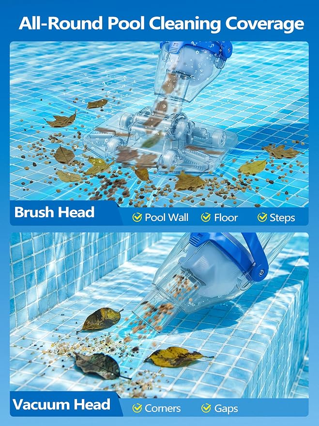LanOcean Cordless Pool Vacuum for Inground Pool, Flow Adjustable, Transparent Brush Head–Visible Cleaning, 1140GPH Powerful Suction Handheld Pool Vacuum for Above Ground Pool, 70Mins Runtime-Blue