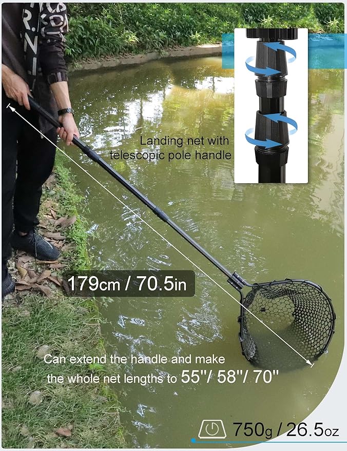 Hlotmeky Extra Long Fishing Net - 70" Telescoping Handle Large Rubber Landing Net for Kayak, Pier & Boat - Foldable Heavy Duty Saltwater Net - Catch & Release Snag-Free Mesh for Large Fish