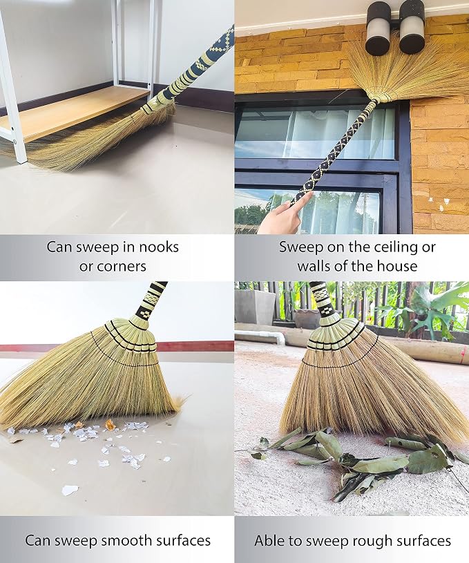 Natural Grass Broom Indoor Outdoor, Vintage Retro Embroidered Woven Nylon,Handmade Broom,Housewarming Gift Witch,Bamboo Stick Handle(Black)