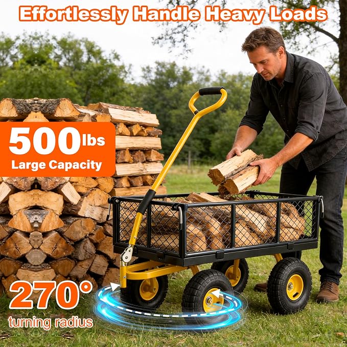DIAMONDFORGE 500lbs Heavy Duty Garden Cart, Steel Garden Wagon Cart with Fixedable Rotating Handle for Backyard, Utility Yard Wagon with 10" All Terrain Tires, Mesh Removable Sides