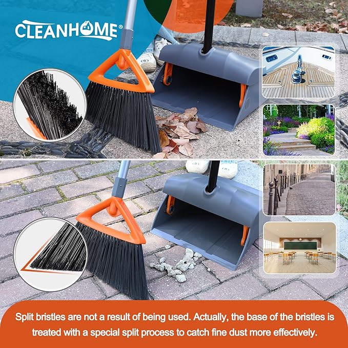 CLEANHOME Heavy Duty Broom with Dustpan Combo Set Indoor and Outdoor Dual Purpose,Stiff Bristle Commercial Angle Broom and Standing Dust Pans with Long Handle for Sweeping Home,Kitchen,Yard,Grey