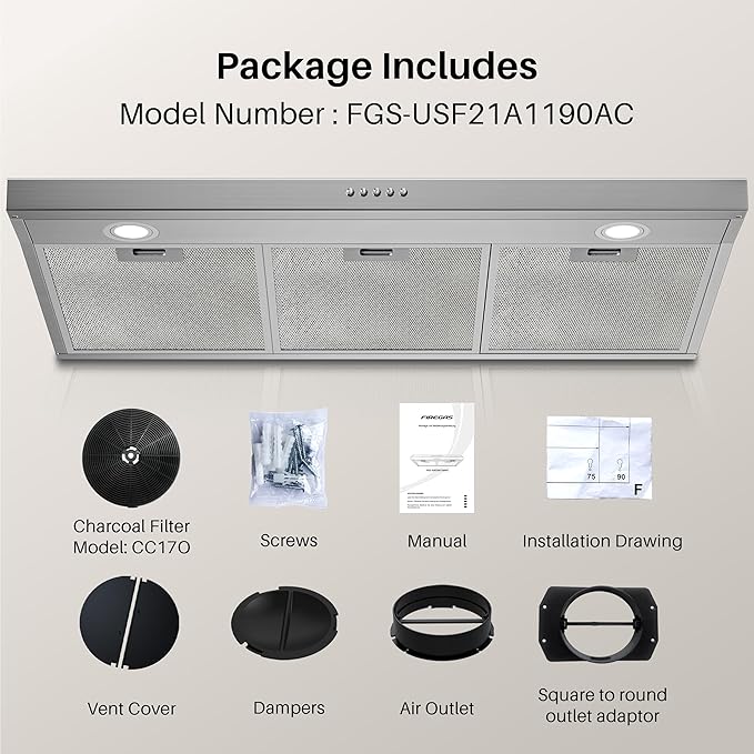 FIREGAS 36 Inch Under Cabinet Range Hood, Ducted/Ductless Convertible Kitchen Vent Hood with 3-Speed Exhaust Fan, 300 CFM, LED Lights, Stainless Steel Stove Hood for Kitchen