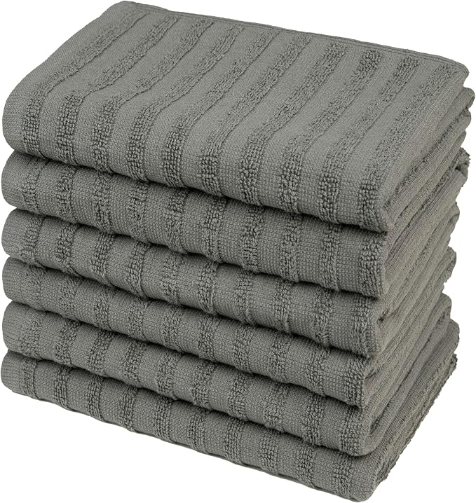 Premium Kitchen Towels (20”x 28”, 6 Pack) | Large Cotton Dish Towels 450 GSM | Highly Absorbent Terry Kitchen Linen Set with Hanging Loop | Anthracite Solid