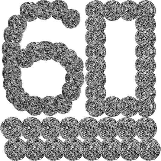 Roshtia 60 Pieces Stainless Steel Scouring Pad Bulk Metal Scrubber for Cleaning Dish 30 Gram Stainless Steel Sponge Round Metal Wool Scrubber for Cleaning Kitchen Bathroom Household