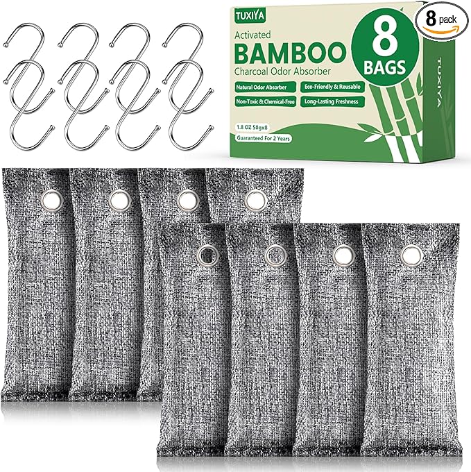 TUXIYA 8Pack Activated Charcoal Odor Absorber, Odor Eliminator for Strong 0dor,Shoe Deodorizer,Bamboo Charcoal Air Purifying For in Car,Closet,Shoe, Basement(50g/1.77oz Each)