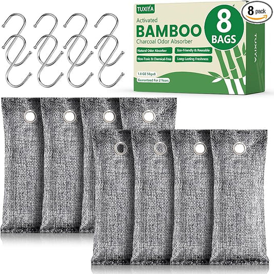 TUXIYA 8Pack Activated Charcoal Odor Absorber, Odor Eliminator for Strong 0dor,Shoe Deodorizer,Bamboo Charcoal Air Purifying For in Car,Closet,Shoe, Basement(50g/1.77oz Each)