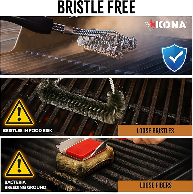 Kona Safe/Clean Grill Brush - Bristle Free BBQ Grill Brush for Outdoor Grill- 100% Rust Resistant Stainless Steel Barbecue Grill Cleaner - Safe for Porcelain, Ceramic, Steel, Cast Iron, Grilling Gift