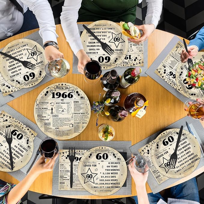 CHUNNIN 96Pcs 60th Birthday Plates and Napkins Back in 1966 Party Decorations Vintage 60 Year Old Party Dessert Plates 1966 Birthday Tableware for 24 Guests 60th Theme Men Woman Bday Parties Supplies
