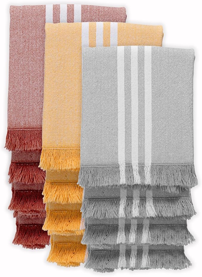 Multicolor Stripe Kitchen Towels 12 Pack, 16x26 Inch, 100% Cotton, Super Absorbent & Quick Dry, Durable, Fringed Dish Towel, Washable, Everyday Use, Light Grey, Mustard Yellow, Rust